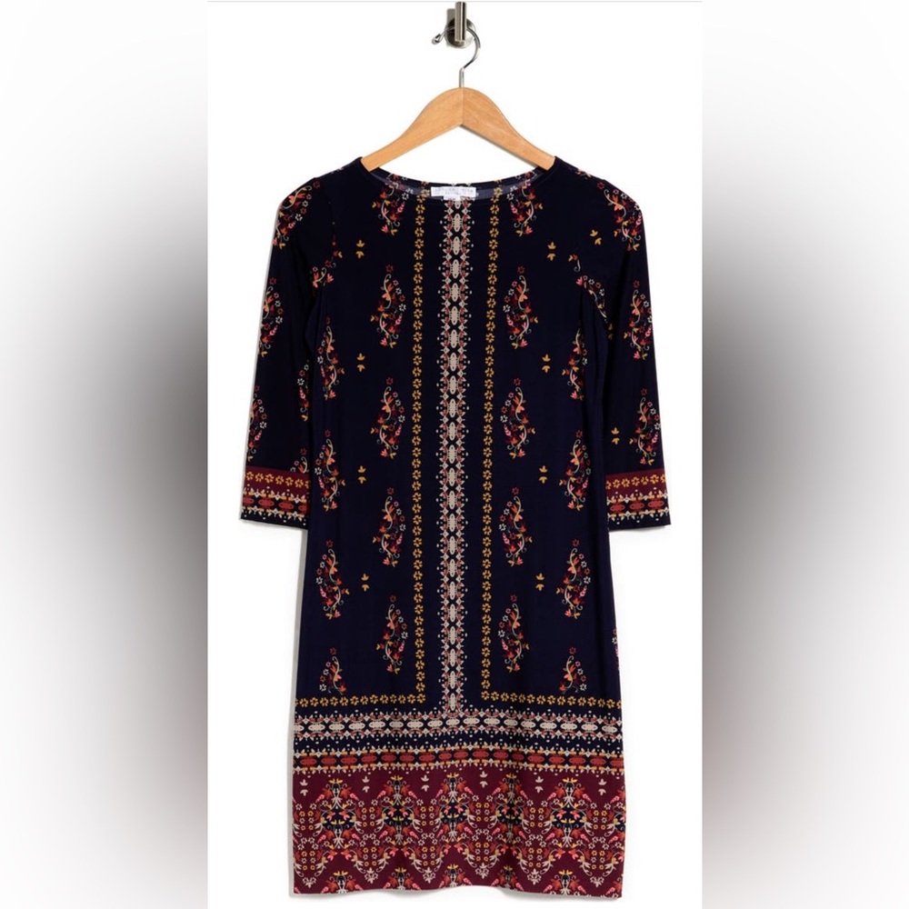 London Times 3/4 Sleeve Placement Shift Dress